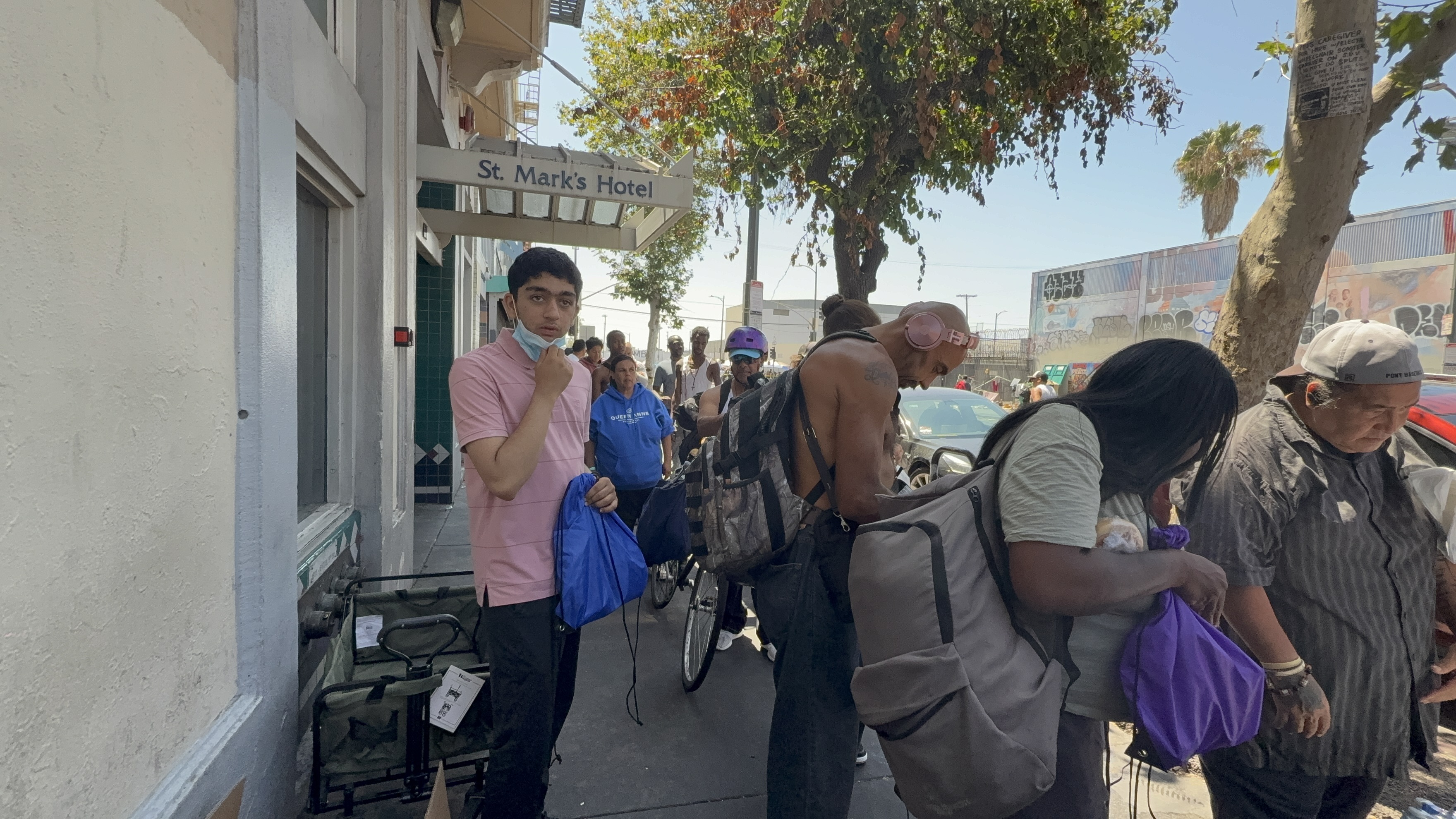 Volunteers distributing heat relief kits in downtown Los Angeles